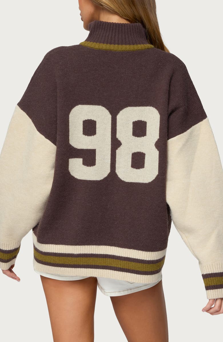 EDIKTED 98 Varsity Zip Sweater, Alternate, color, Brown