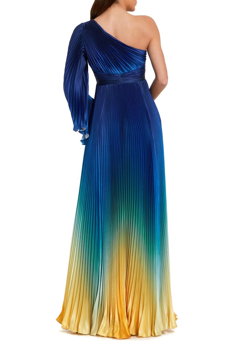Petite Pleated Charmeuse One-Shoulder Ombre Gown with Flared Sleeve, Alternate, color, Blue Ombre