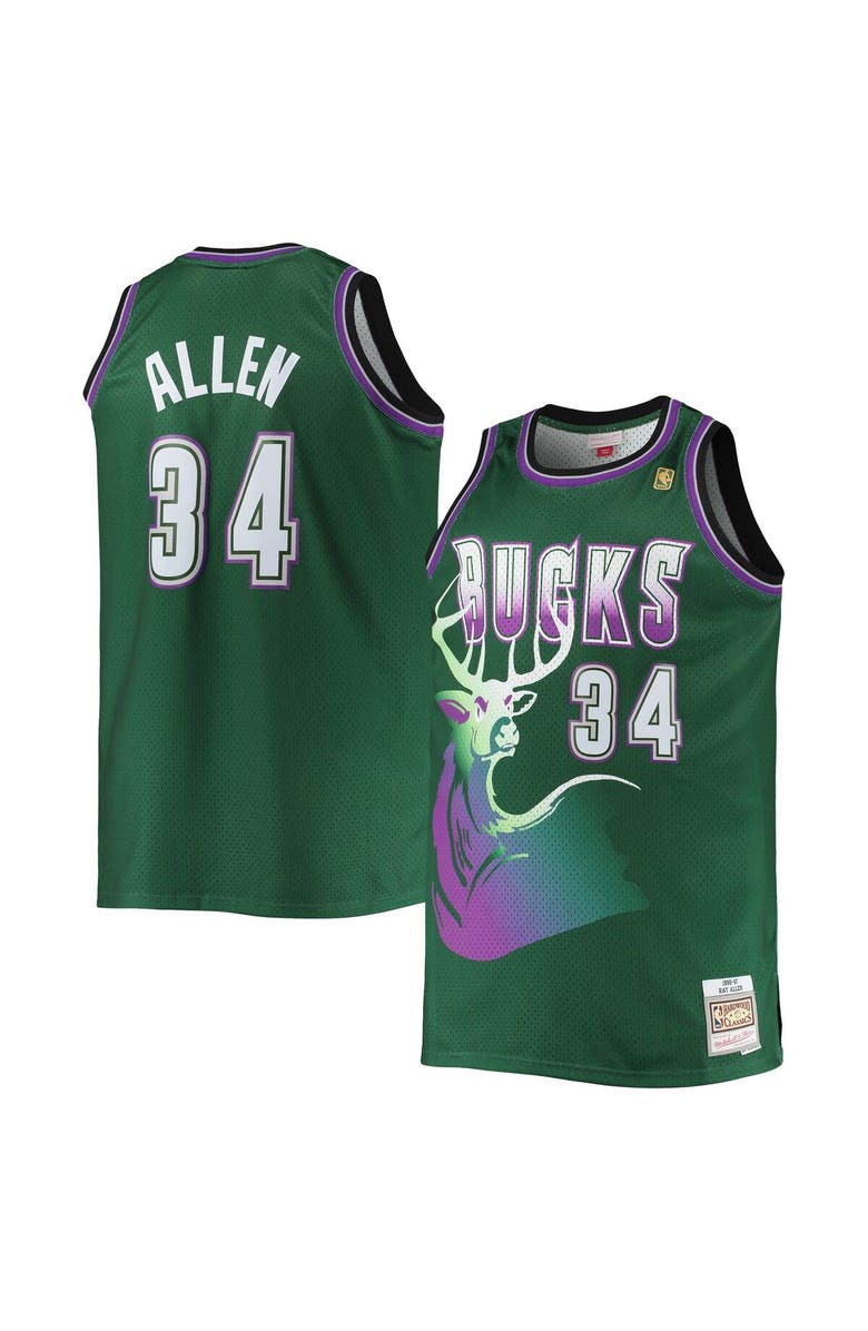 Mitchell & Ness Men's Mitchell & Ness Ray Allen Hunter Green Milwaukee Bucks Big & Tall 1996/97 Hardwood Classics Swingman Jersey, Main, color, Hunter Green