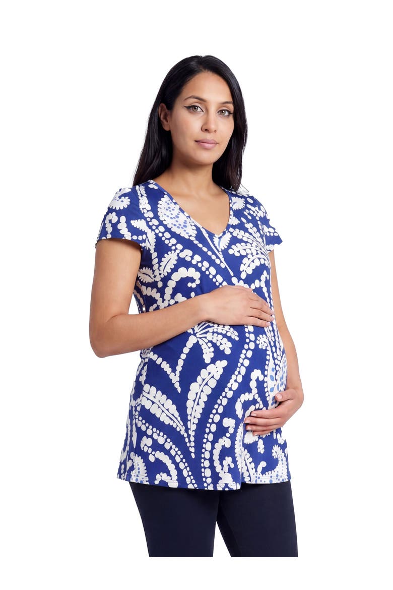 Maternity Basic Paisley Print V-Neck Short Sleeve Flared Tunic Top, Alternate, color, Blue Multi