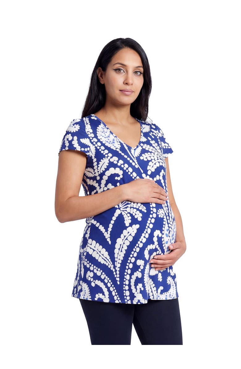 24seven Comfort Apparel Maternity Basic Paisley Print V-Neck Short Sleeve Flared Tunic Top, Alternate, color, Blue Multi