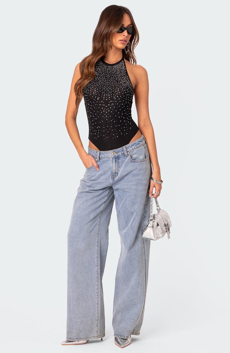 EDIKTED Rhinestone Mesh Halter Bodysuit, Alternate, color, Black