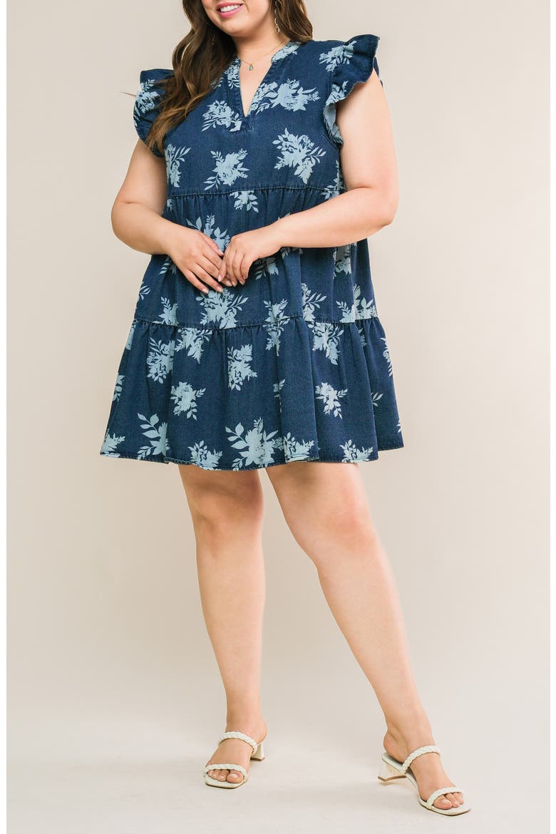Printed Denim Babydoll Dress, Alternate, color, BLUE WHITE