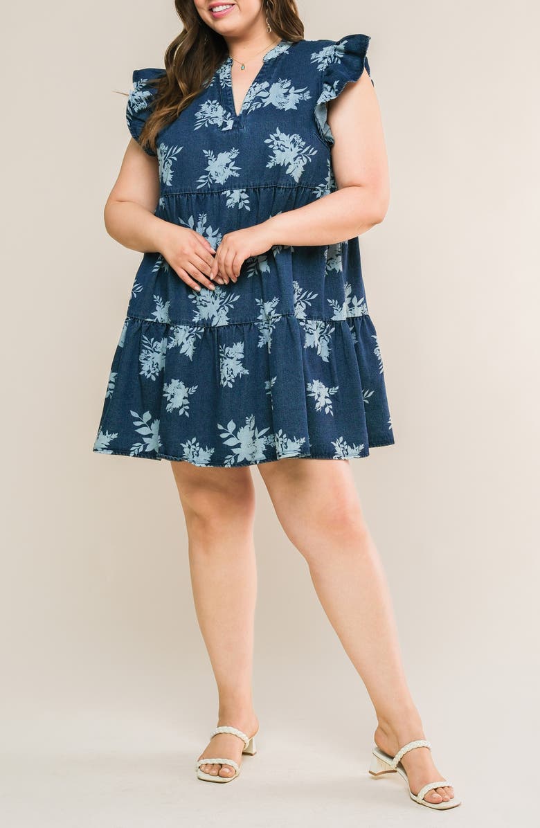 FLYING TOMATO Printed Denim Babydoll Dress, Alternate, color, Blue White