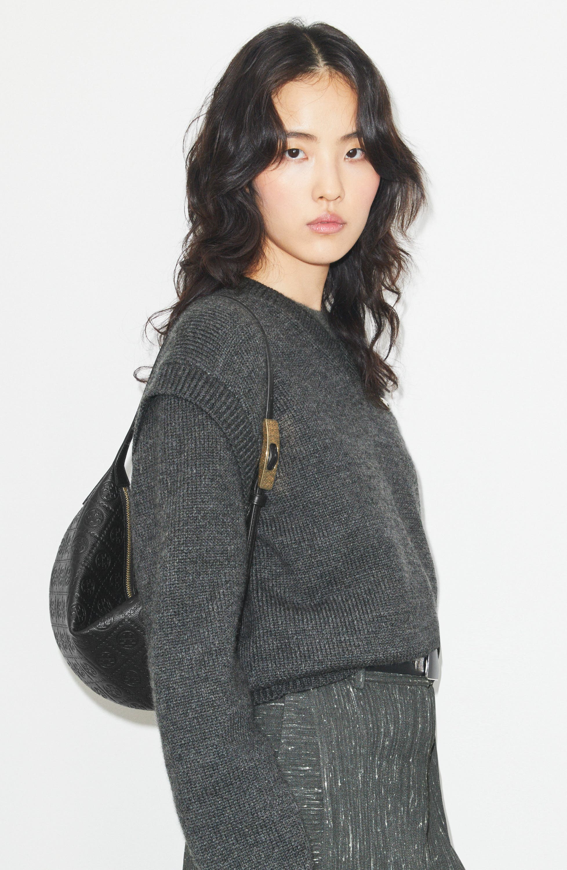 Tory Burch Small T Monogram Pebble Leather Balloon Bag, Alternate, color, Black