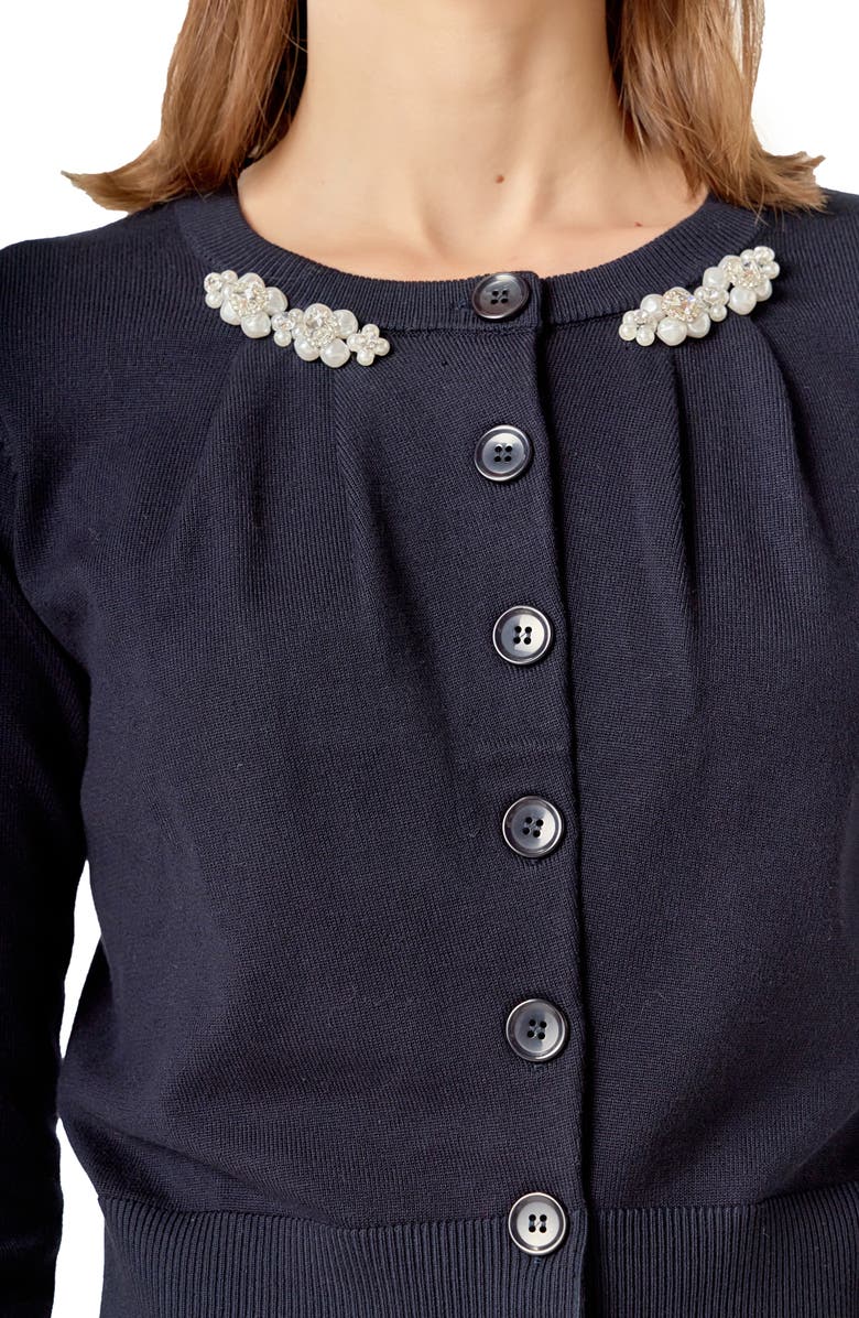 English Factory Pearly Bead & Rhinestone Cardigan, Alternate, color, Navy