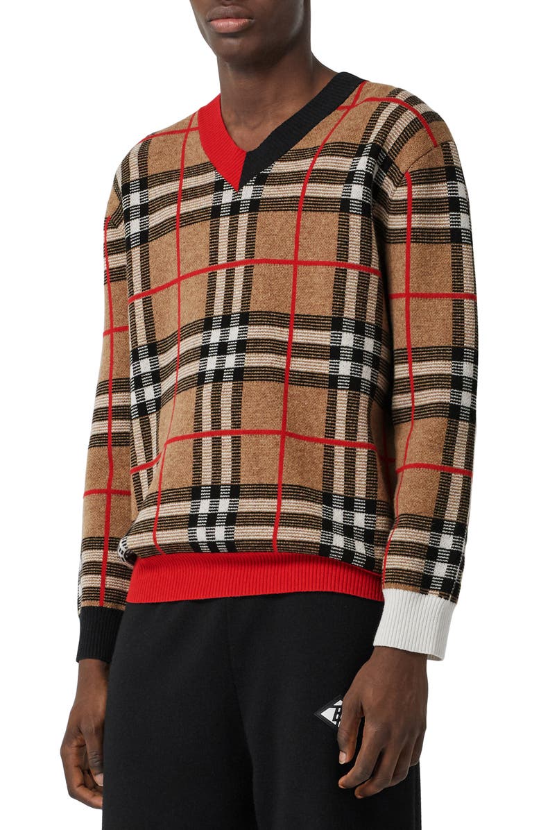 Burberry Duggan Check V-Neck Sweater, Alternate, color, 