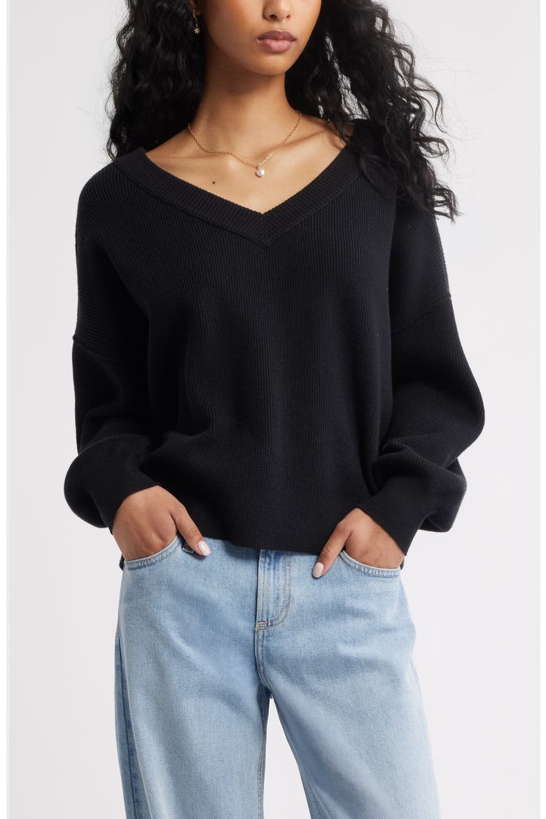 Seamed Oversize V-Neck Rib Sweater, Main, color, BLACK