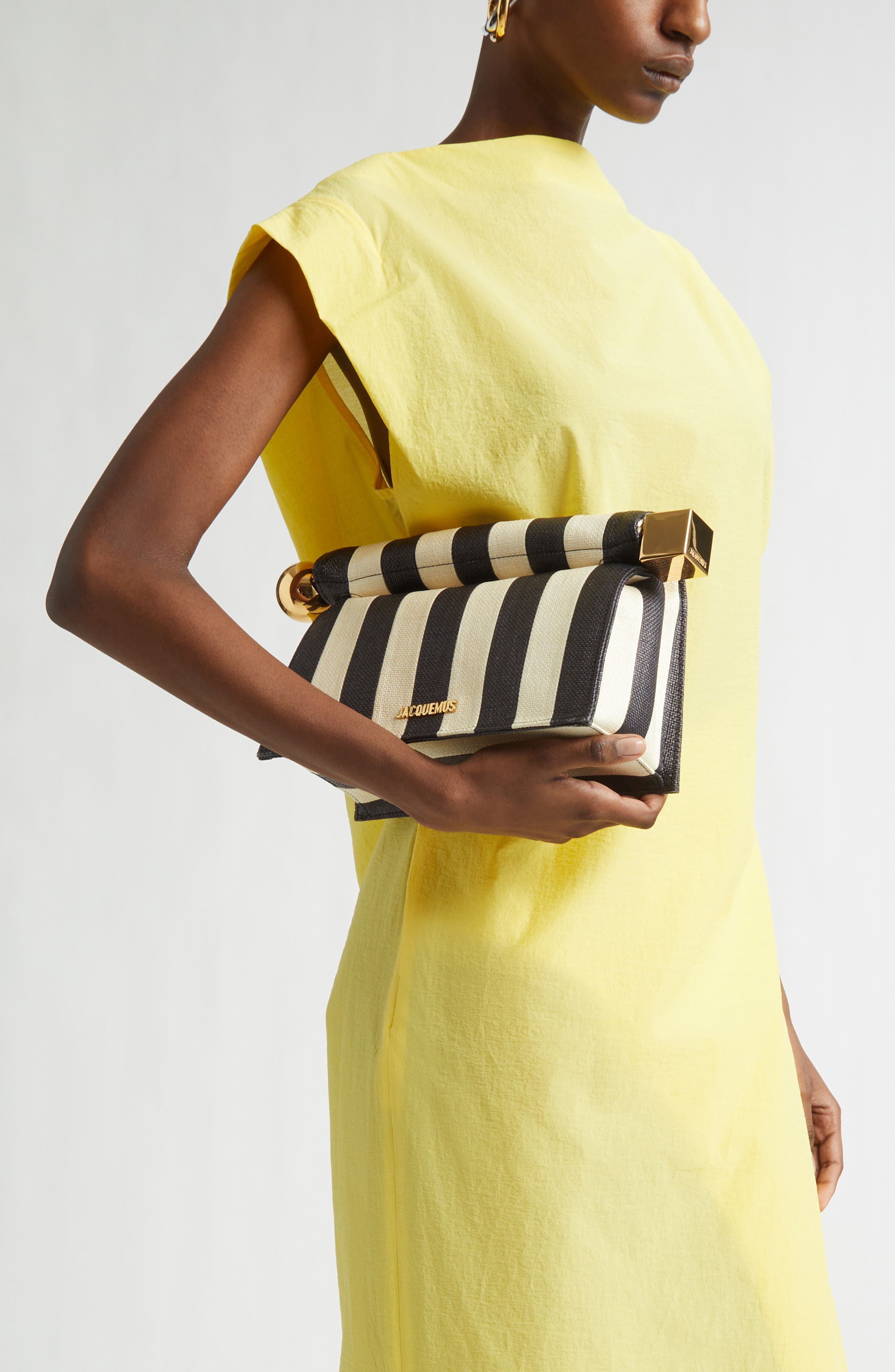 Jacquemus La Pochette Rond Carré Stripe Leather Clutch, Alternate, color, Natural / Black 1Fy