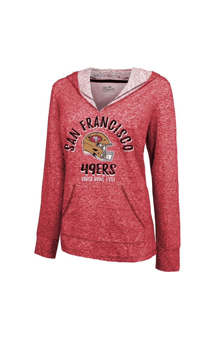Women's Majestic Threads  Scarlet San Francisco 49ers Super Bowl LVIII Victory Slub V-Neck Pullover Hoodie, Alternate, color, Scarlet