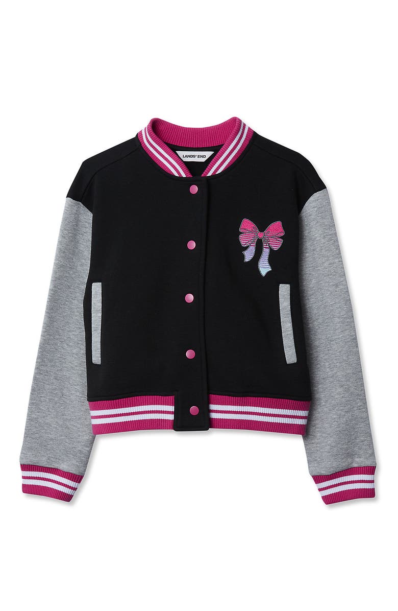 Lands' End Girls Varsity Bomber Jacket, Main, color, Bow/Black/Gray Heather