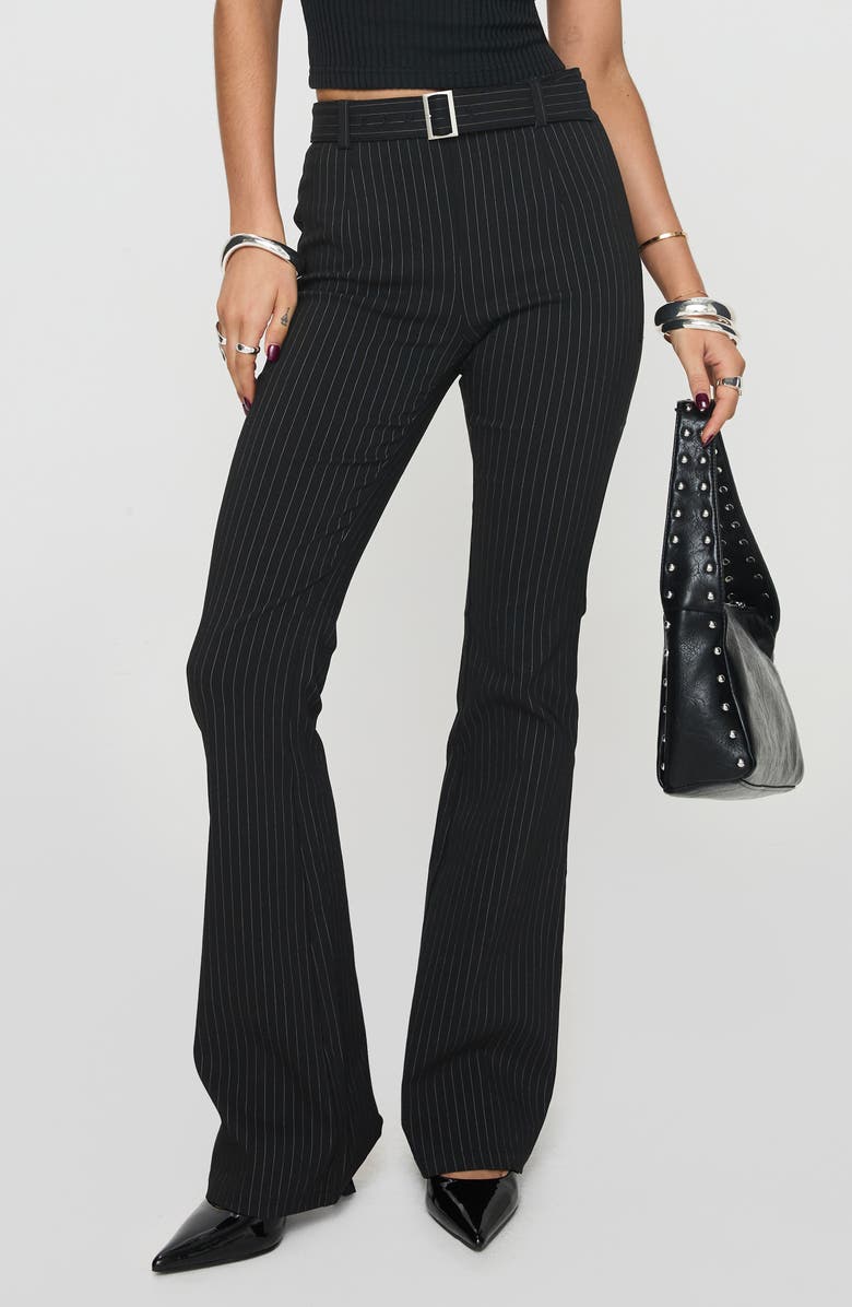 Princess Polly Pagano Pinstripe Cotton Blend Flare Leg Pants, Main, color, Black