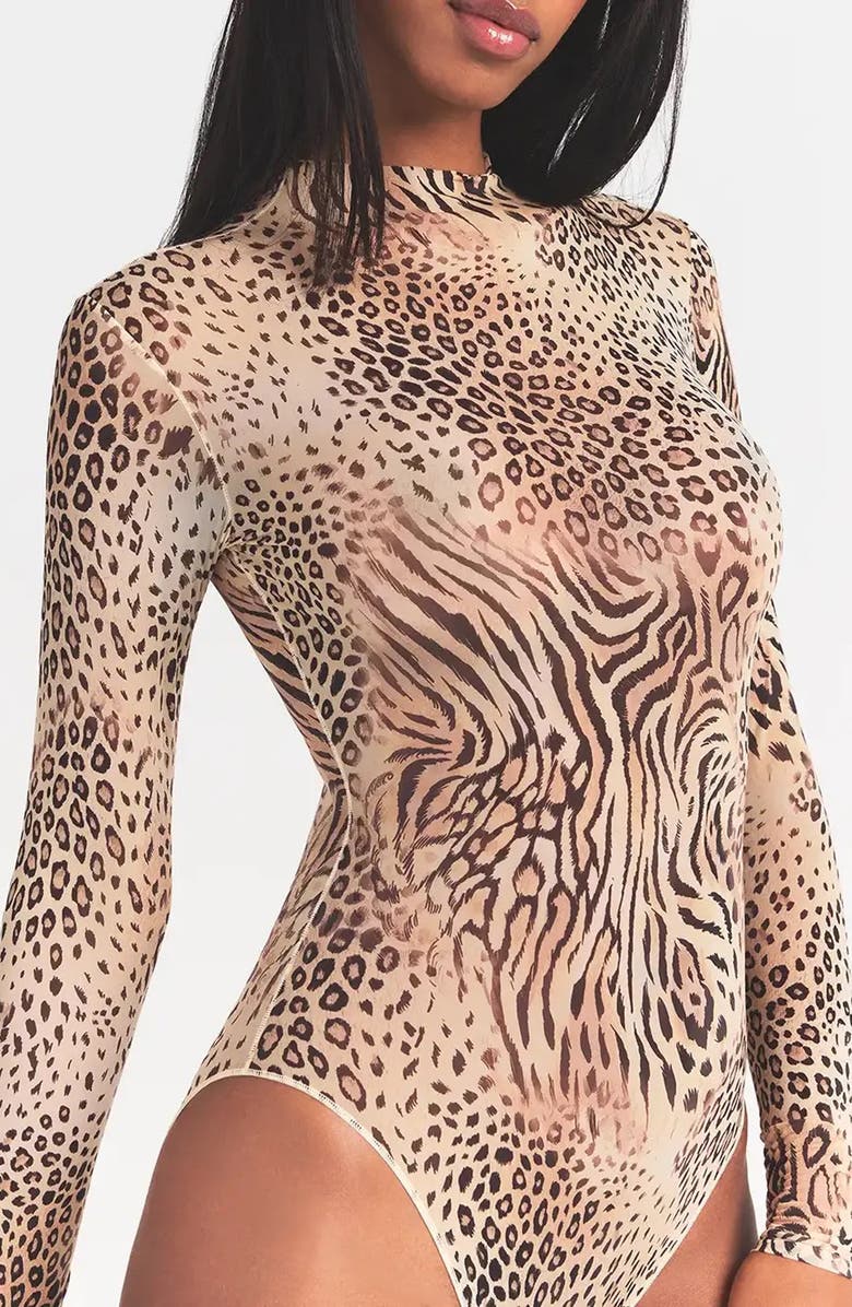 SKIMS Mock Neck Long Sleeve Bodysuit, Alternate, color, Sand Multi Animal