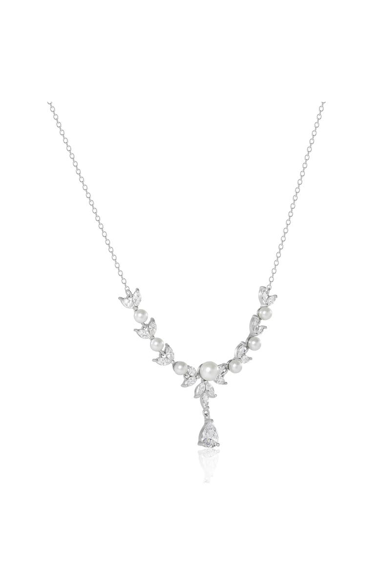 Jessica Simpson Pearl & Crystal Drop Necklace, Alternate, color, Silver