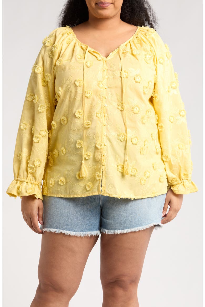 Floral Embroidered Long Sleeve Button-Up Top, Main, color, YELLOW