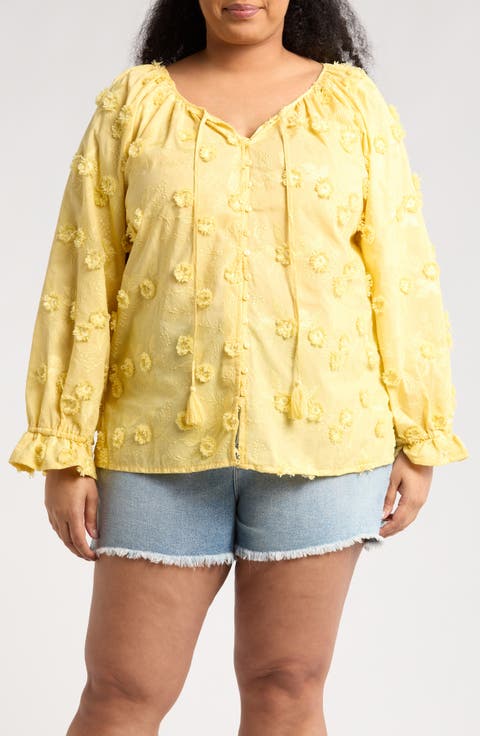 Floral Embroidered Long Sleeve Button-Up Top (Plus)