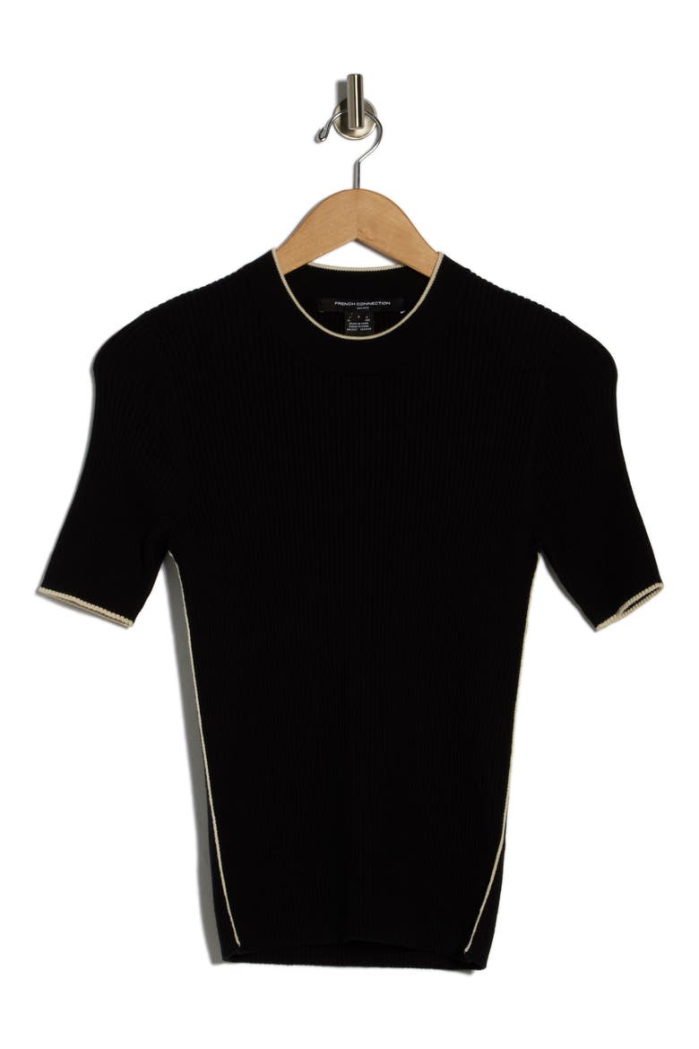 Mozza Short Sleeve Cotton Rib Sweater, Alternate, color, BLACK-CLASSIC CREAM