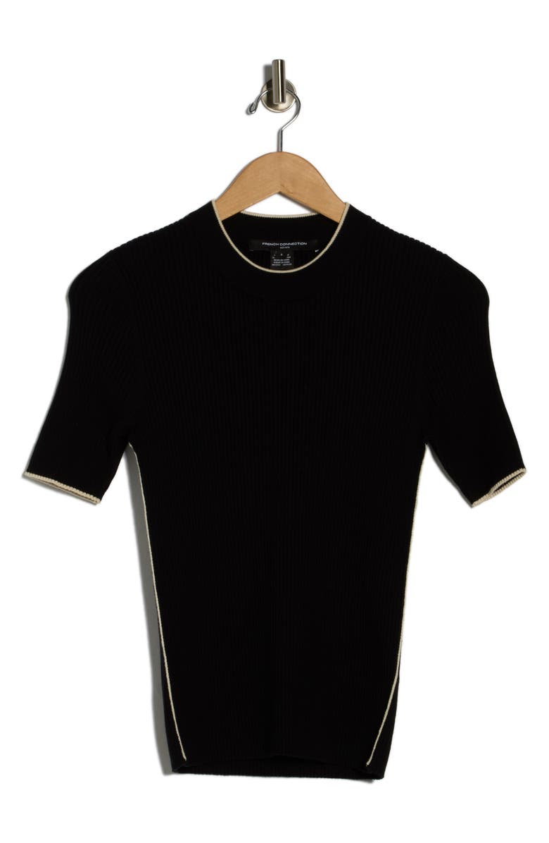 French Connection Mozza Short Sleeve Cotton Rib Sweater, Alternate, color, Black-Classic Cream