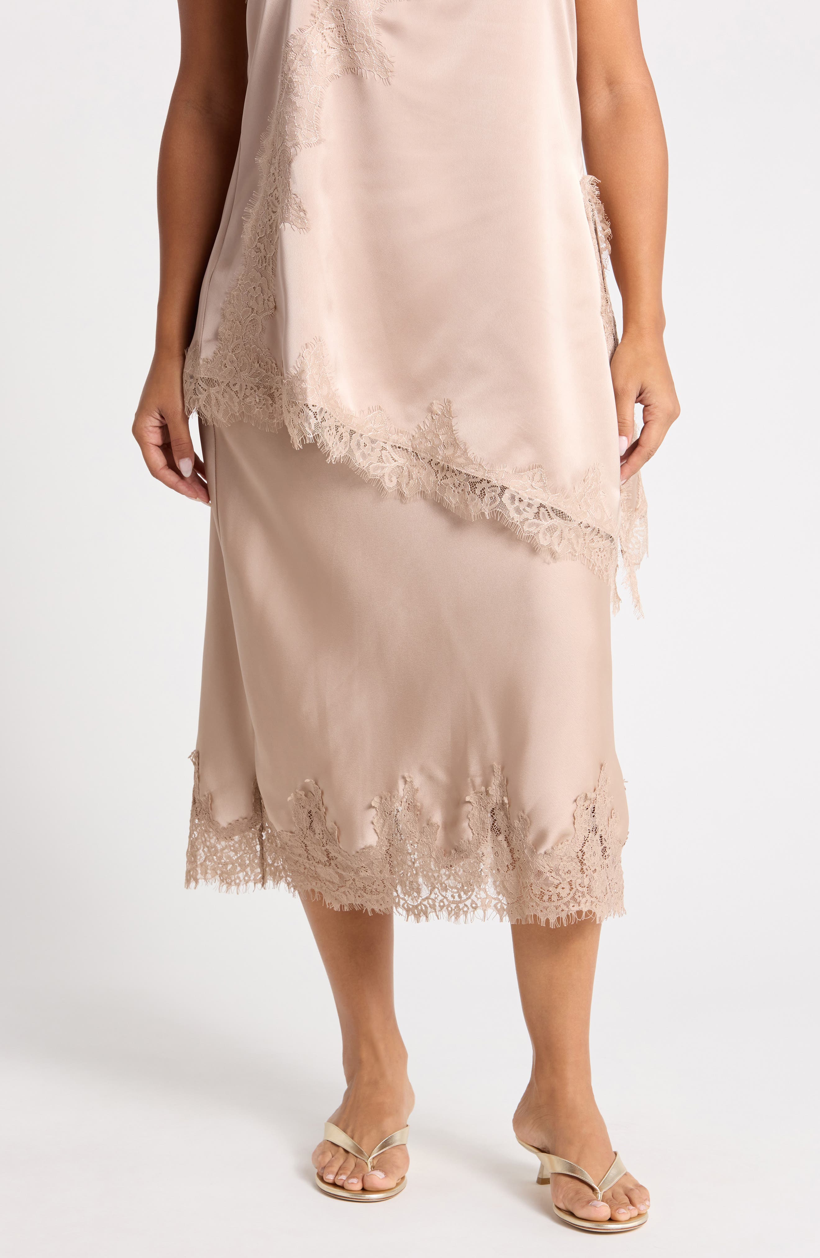 Lace Hem Satin Midi Skirt