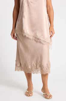 Lace Hem Satin Midi Skirt