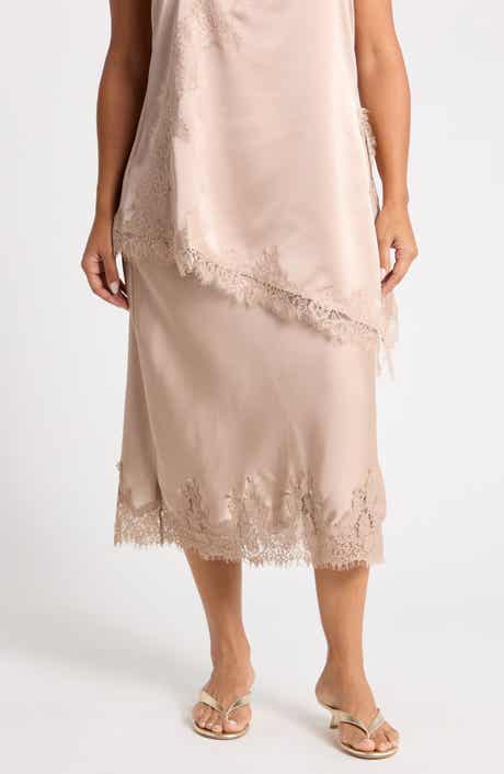 Lace Hem Satin Midi Skirt