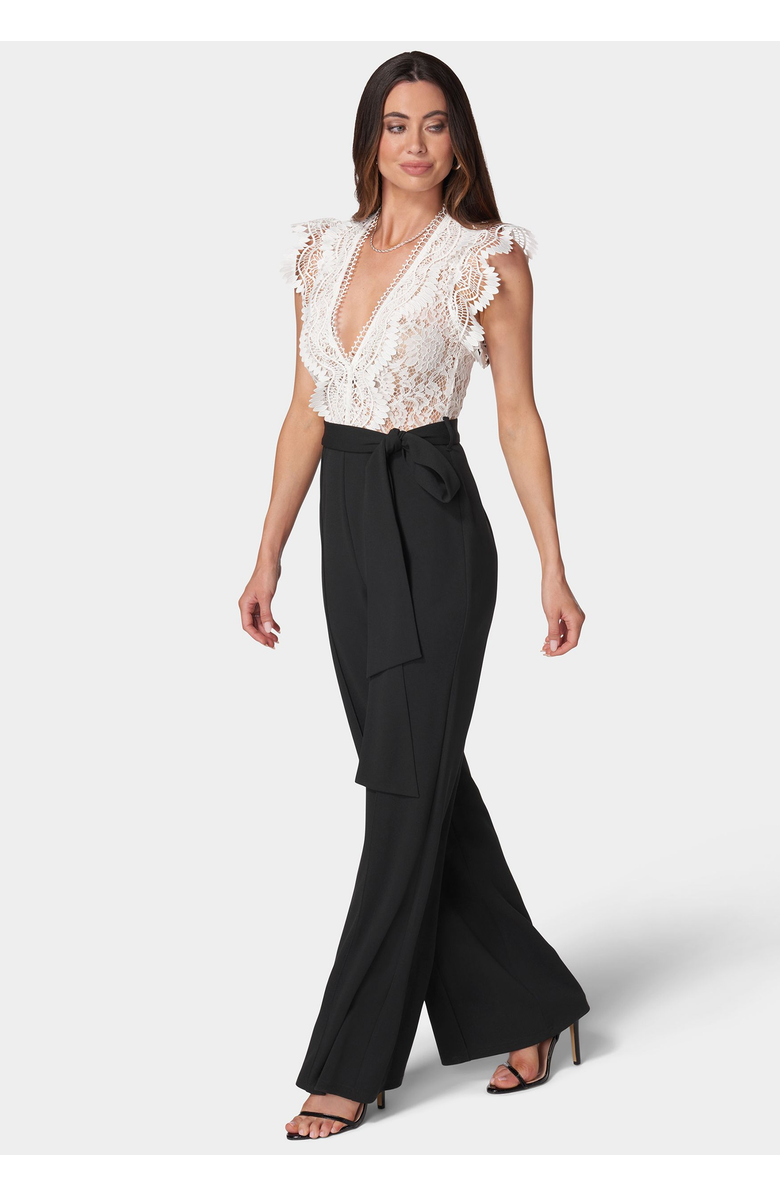 bebe Ruffle Lace Jumpsuit, Alternate, color, White/Black