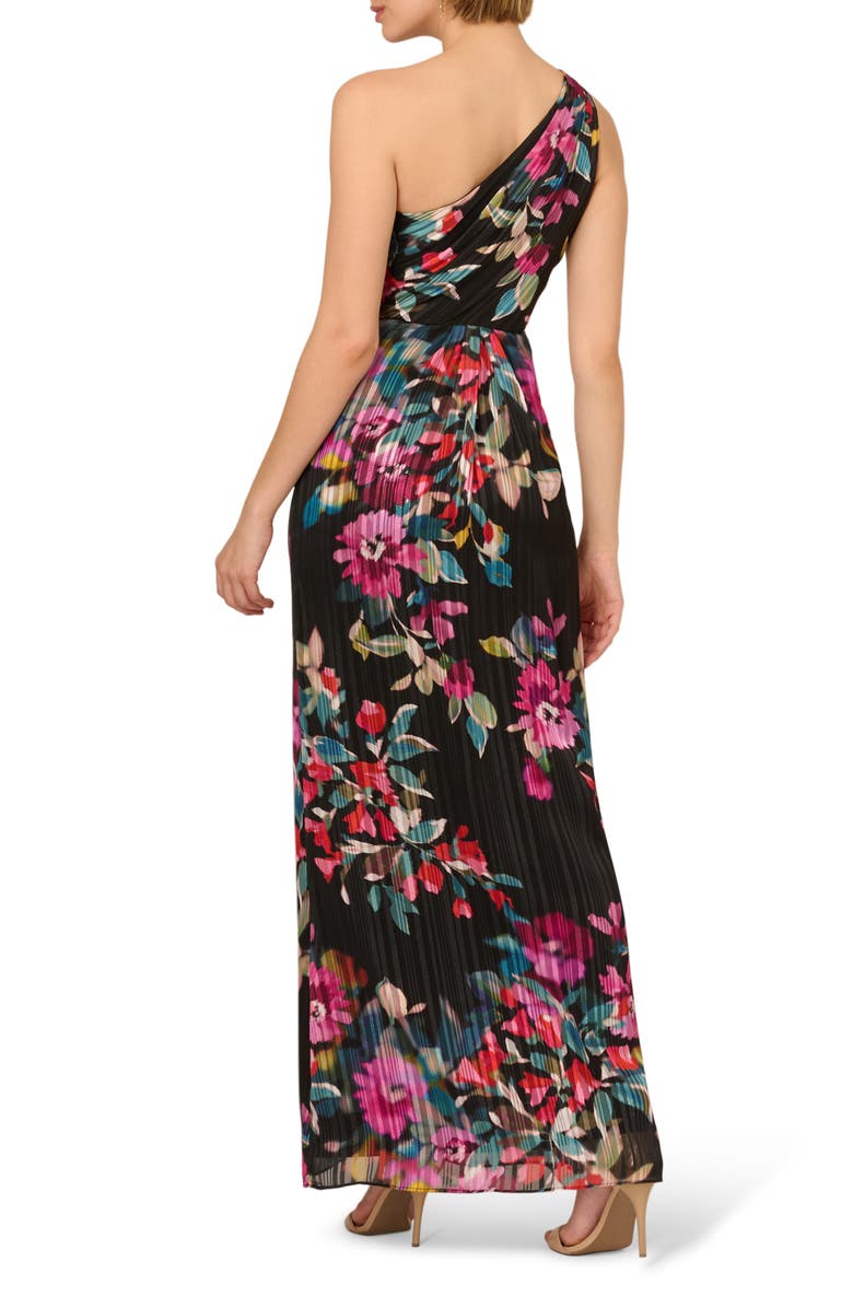 Adrianna Papell Pleated Floral Print One-Shoulder Chiffon Gown, Alternate, color, Black Multi