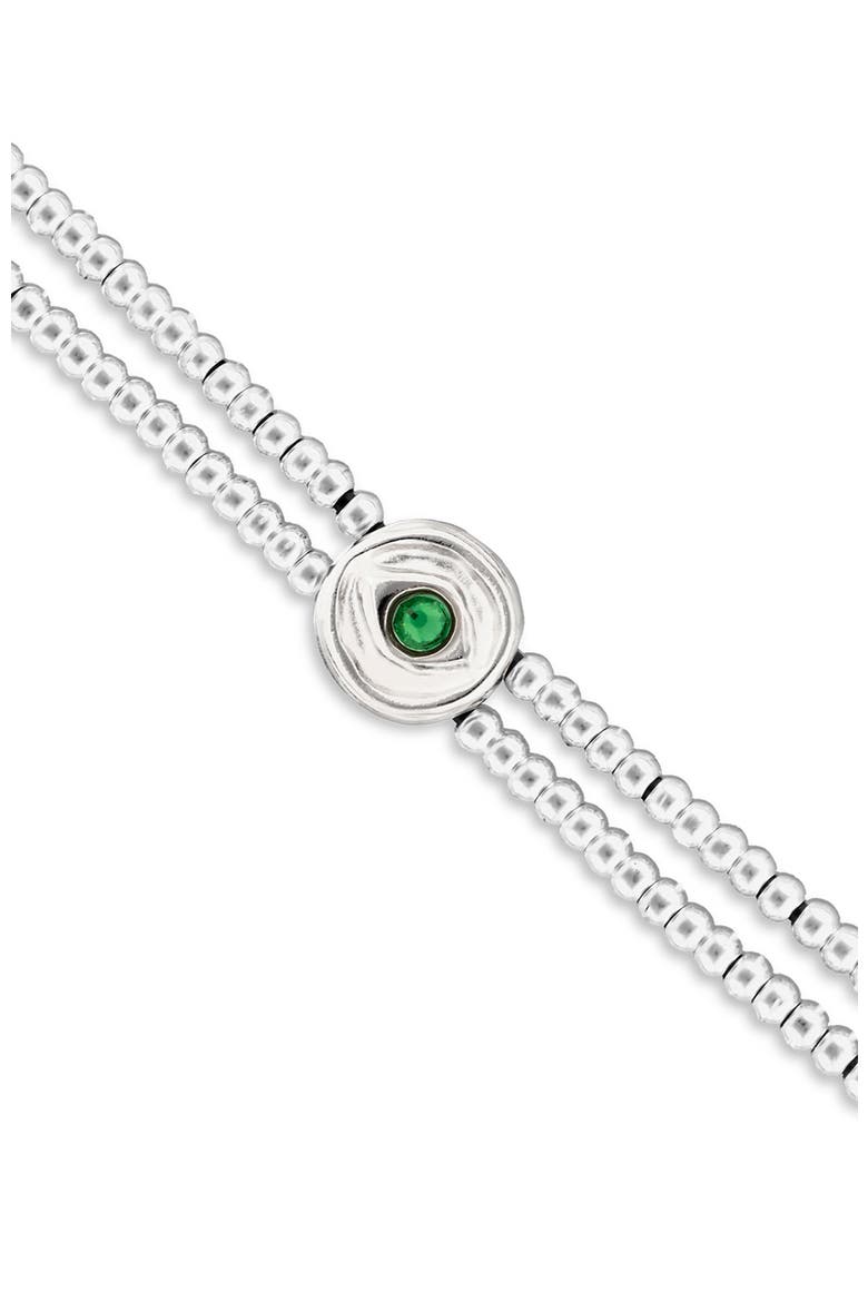 Double Silver-Plated Ball Bracelet with Eye Detail and Green Crystal, Alternate, color, Silver