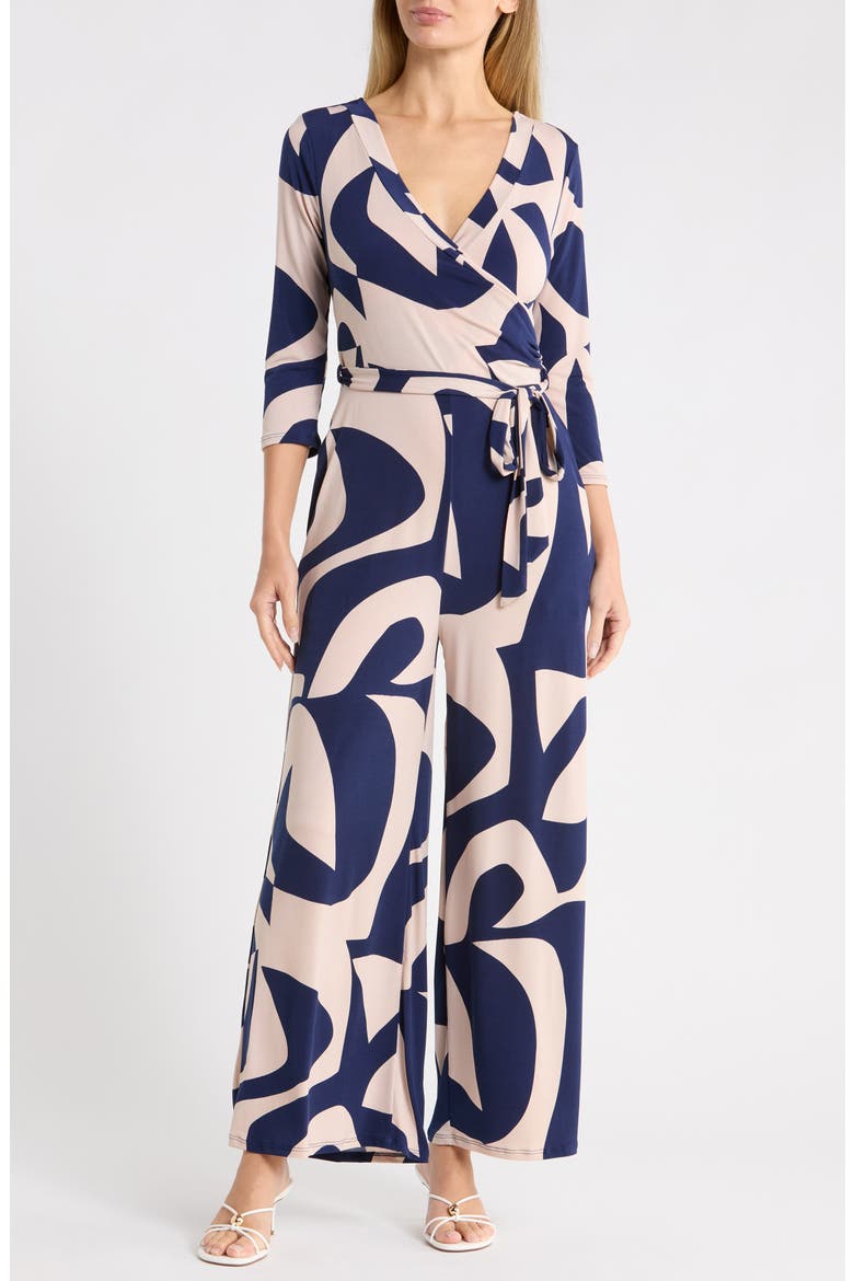 Three Quarter Sleeve Wide Leg Jumpsuit, Main, color, NAVY GEO