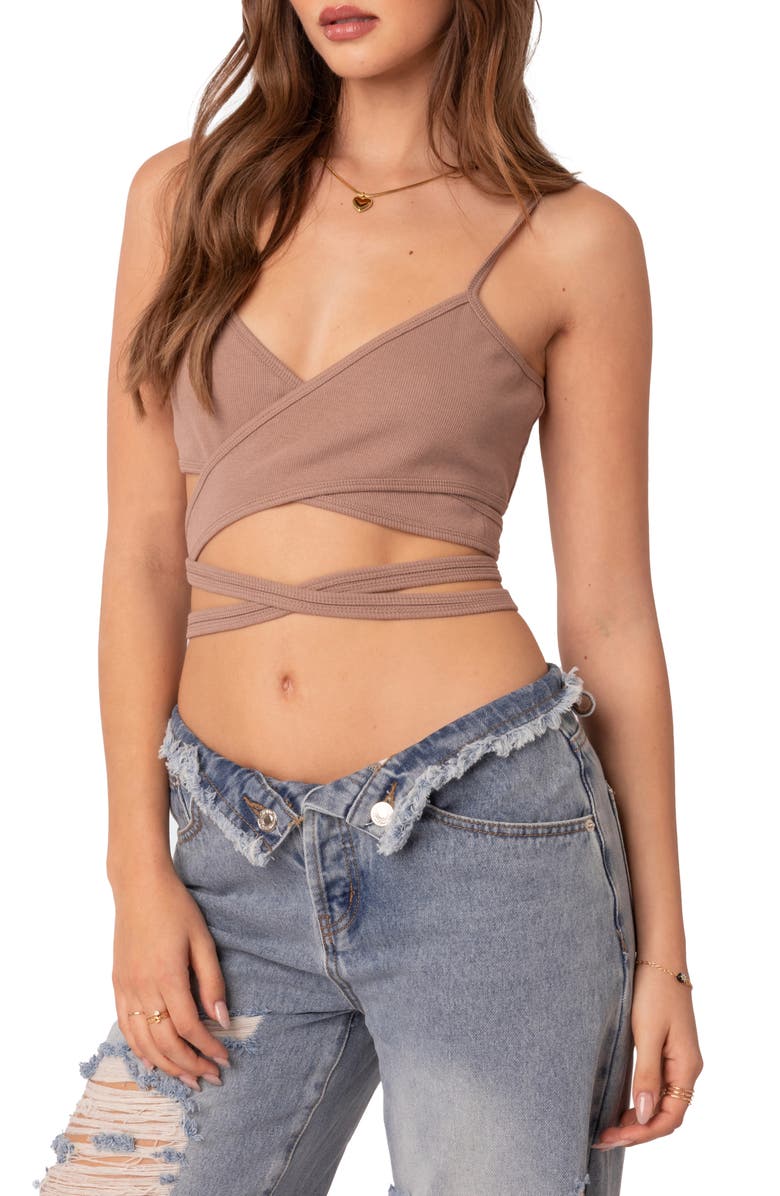 EDIKTED Ribbed Wrap Crop Top, Main, color,