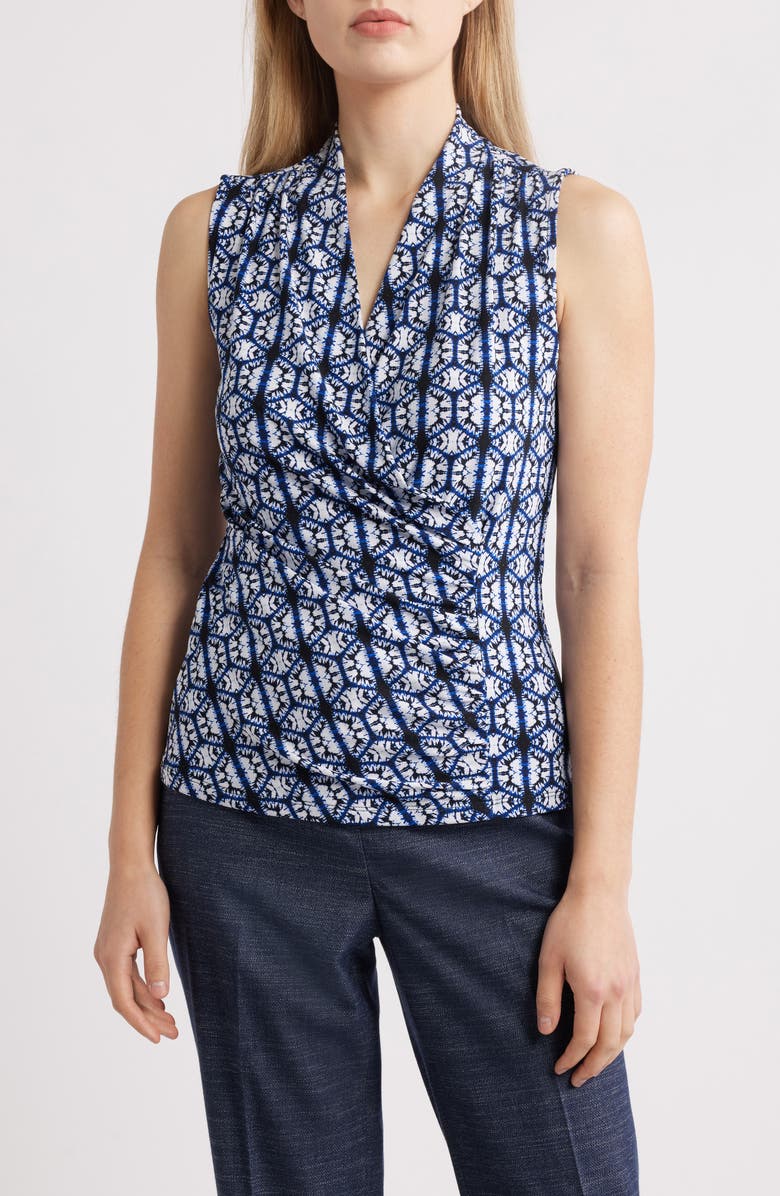 Anne Klein Print Shirred Faux Wrap Top, Main, color, 