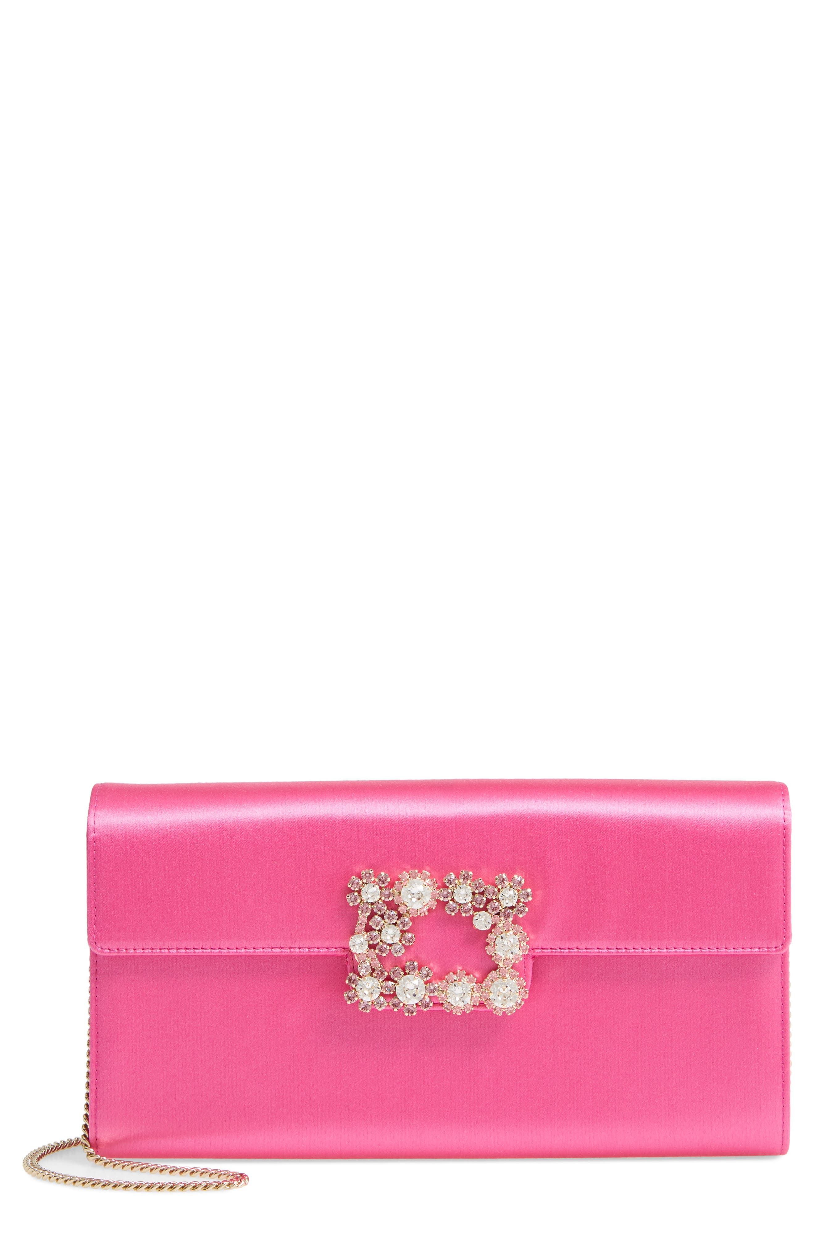 Roger Vivier Flower Buckle Satin Clutch, Main, color, 