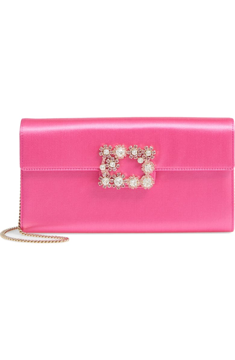 Roger Vivier Flower Buckle Satin Clutch, Main, color,