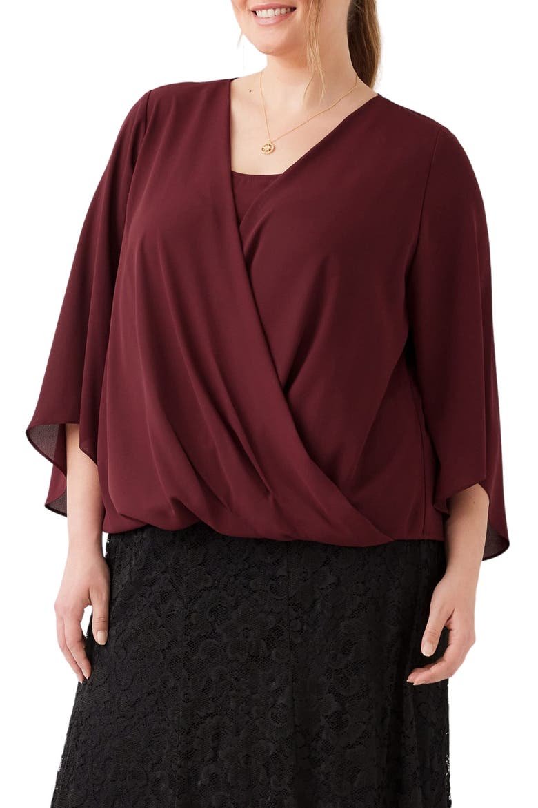 Draped Crossover Flutter Sleeve Top, Alternate, color, WINE