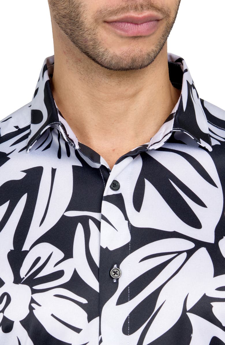 CONSTRUCT Regular Fit Exploded Floral Print Recycled Performance Golf Button-Down Shirt, Alternate, color, Black/White