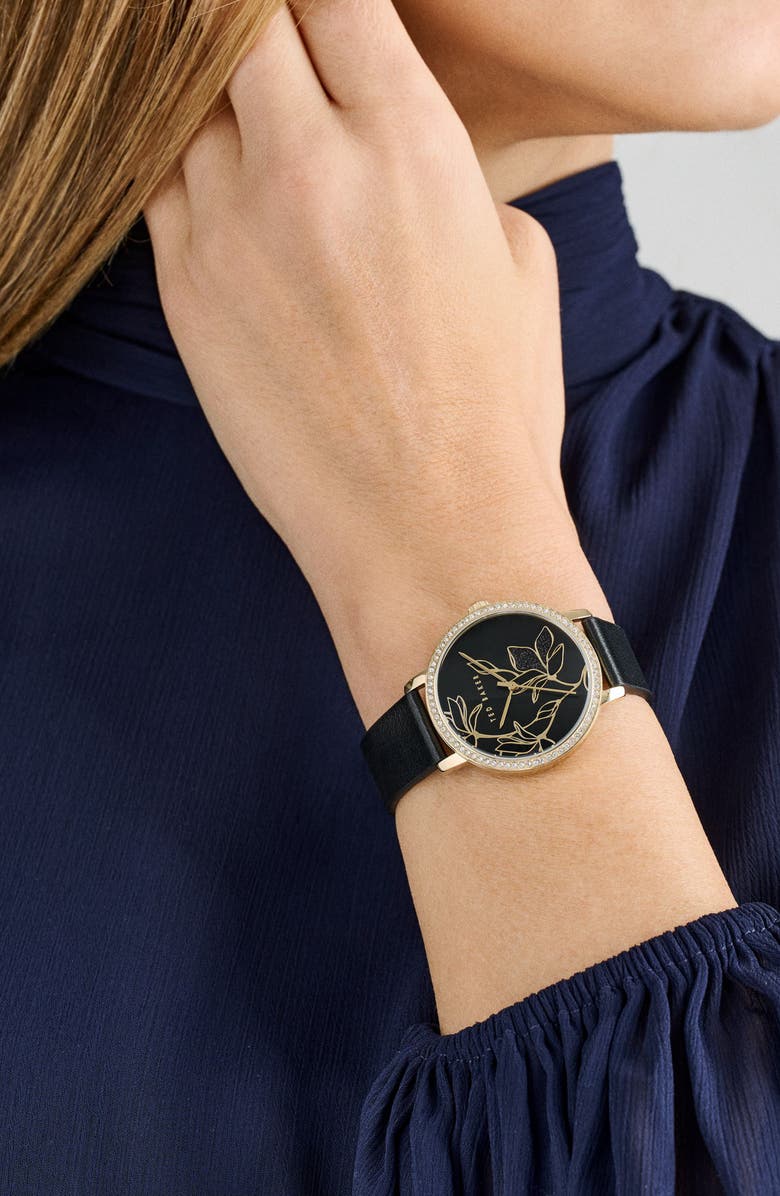 Ted Baker Floral Leather Strap Watch, 36mm, Alternate, color, Black