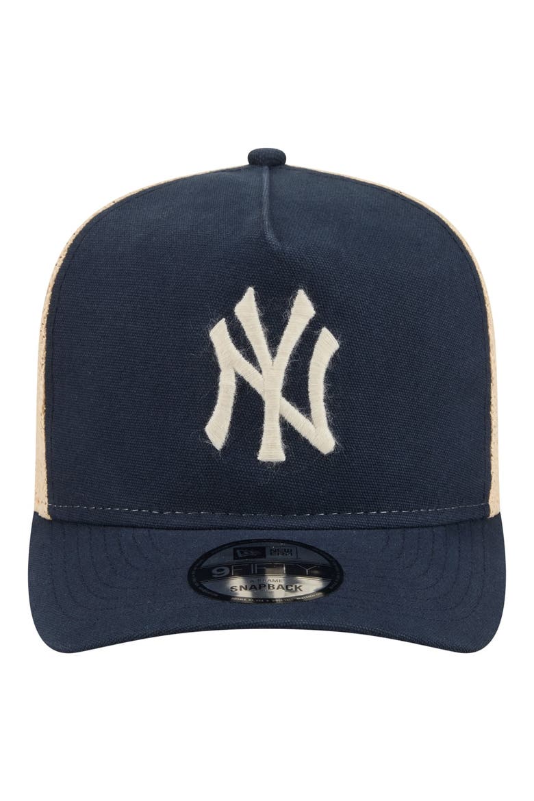 Men's New Era  Navy/Natural New York Yankees Grained 9FIFTY A-Frame Trucker Adjustable Hat, Alternate, color, Navy