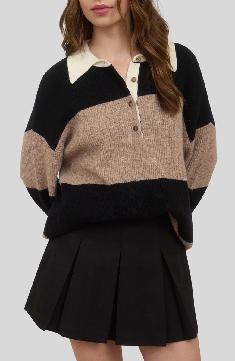 Blu Pepper Striped Polo Sweater, Main, color, Khaki