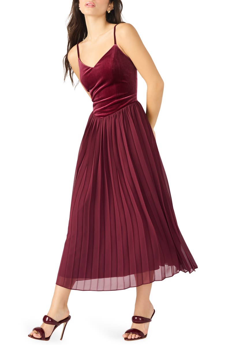 Steve Madden Estrella Velvet Bodice Pleated Midi Dress, Alternate, color, Wine