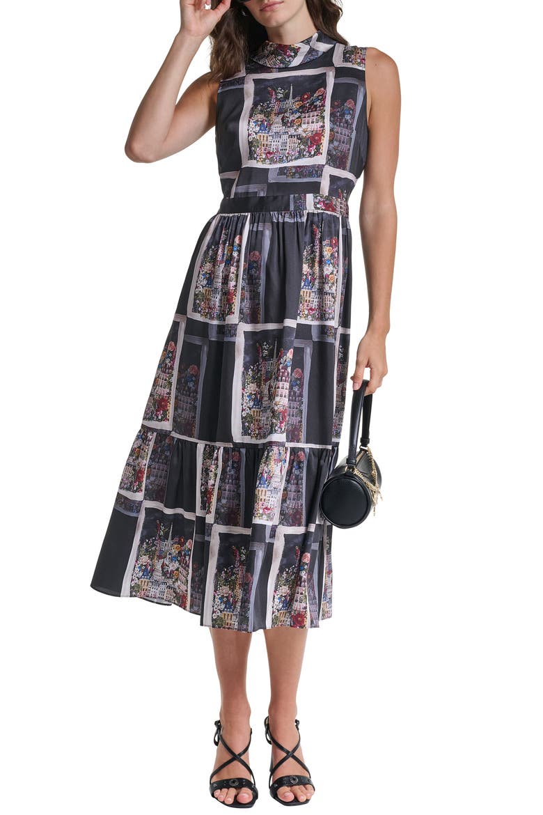 Paris Print Twill Midi Dress, Alternate, color, BLACK MULTI