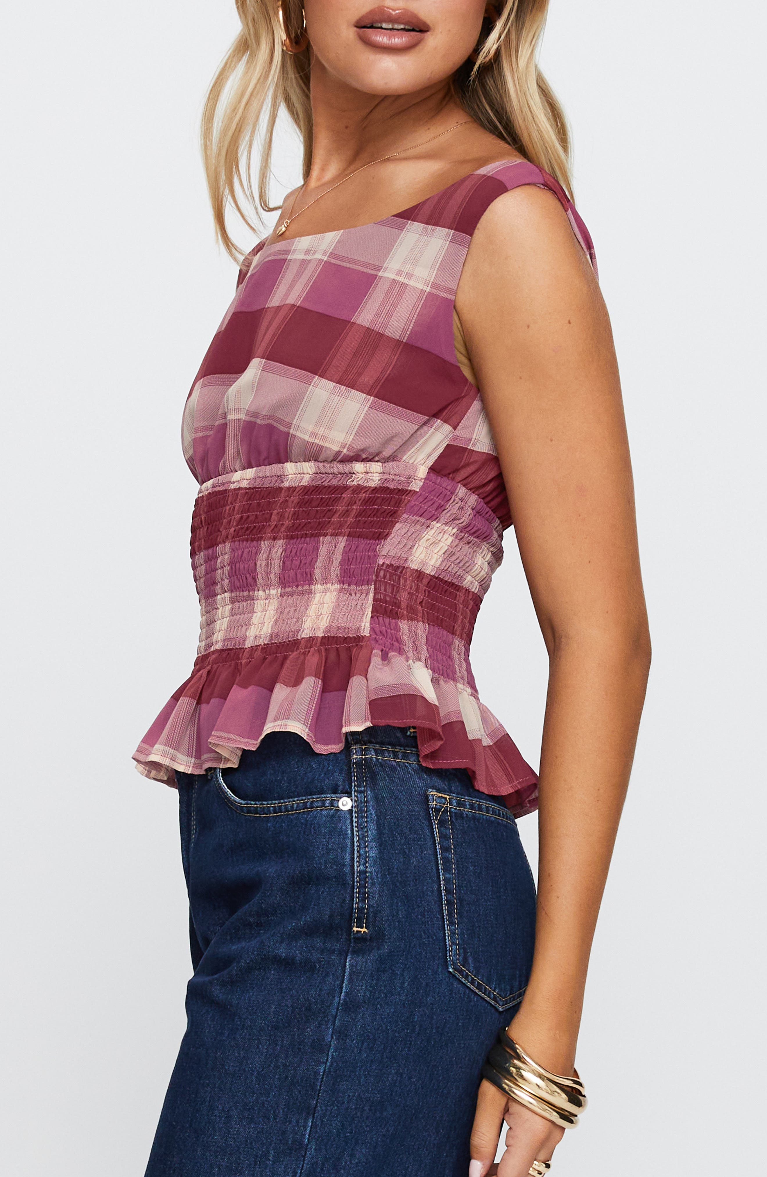 Honey Plaid Smocked Waist Peplum Top (Women) | Nordstrom