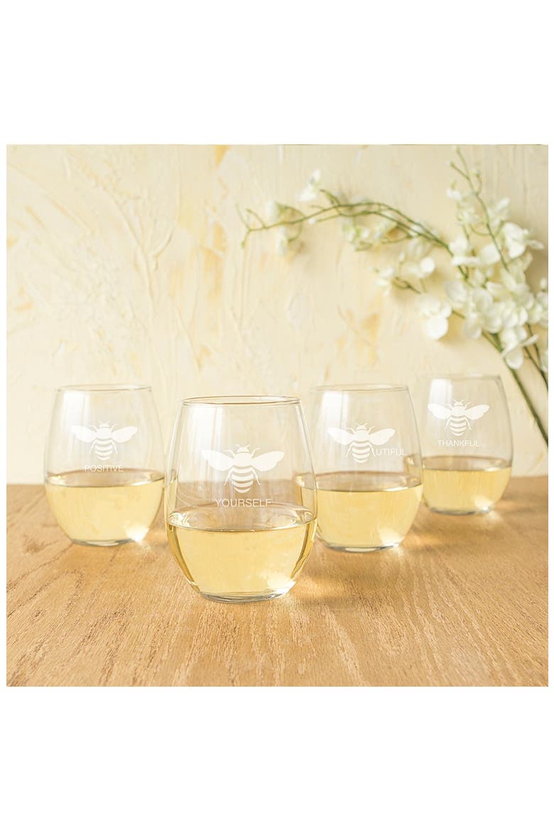 Theme Etched Set of 4 Stemless Wine Glasses, Main, color, BEE THANKFUL