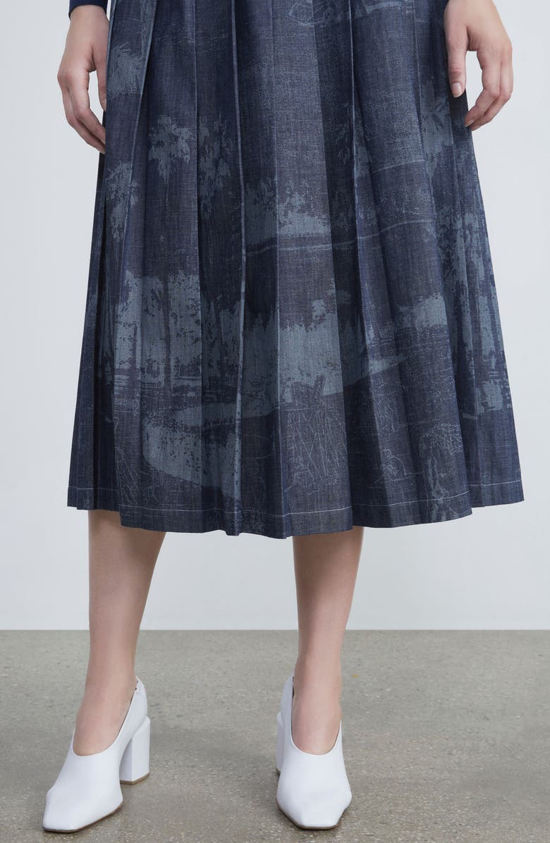 Lafayette 148 New York Landscape Print Pleated Nonstretch Denim Skirt, Alternate, color,