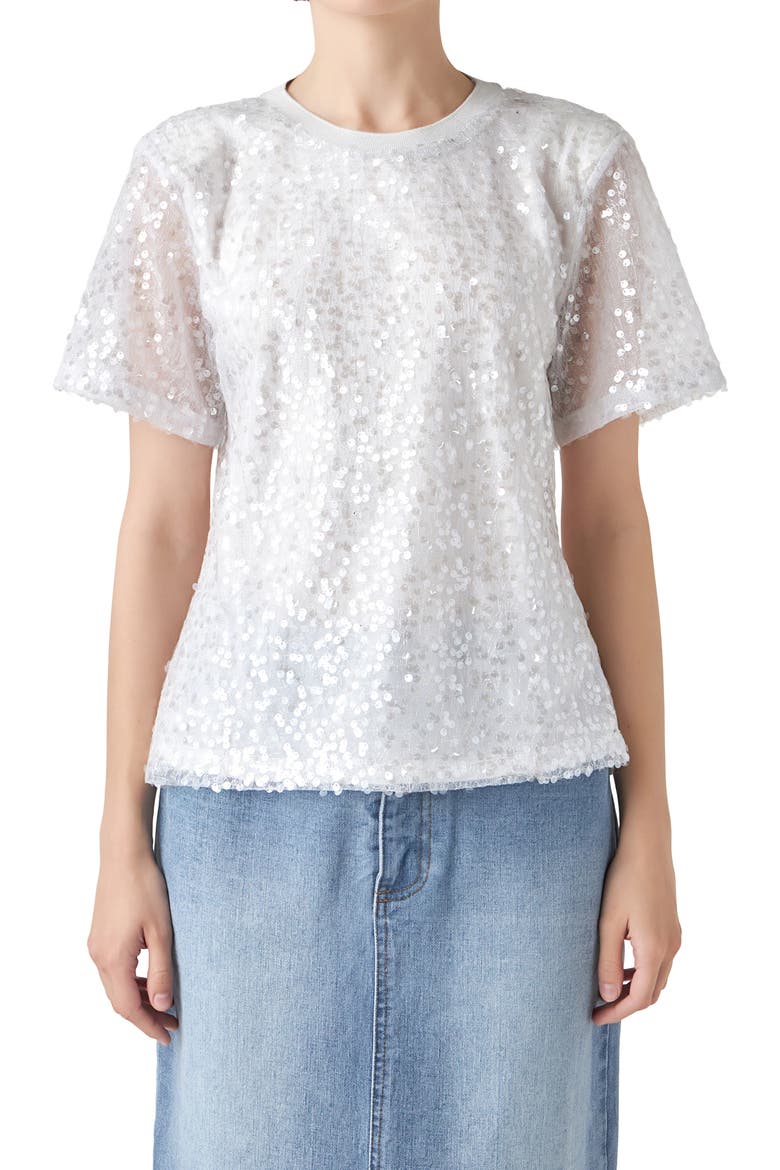 Sequin Padded Shoulder Back Cutout Top, Alternate, color, WHITE