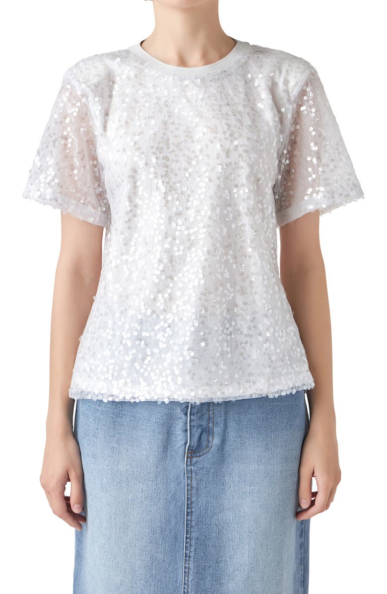 Grey Lab Sequin Padded Shoulder Back Cutout Top, Alternate, color, White