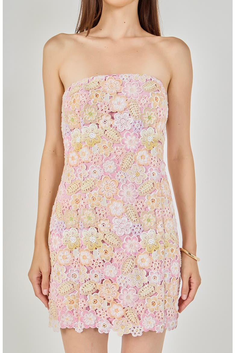 Floral Rhinestone Lace Strapless Minidress, Alternate, color, PINK MULTI COLOR