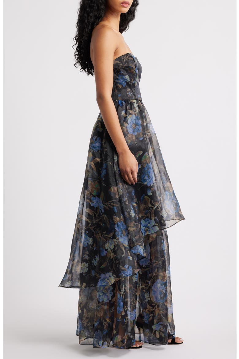 Marie Strapless Tiered Maxi Cocktail Dress, Alternate, color, BLACK FLORAL