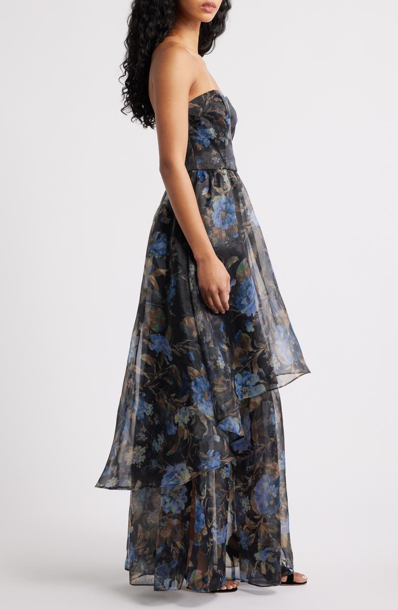 Lulus Marie Strapless Tiered Maxi Cocktail Dress, Alternate, color, Black Floral