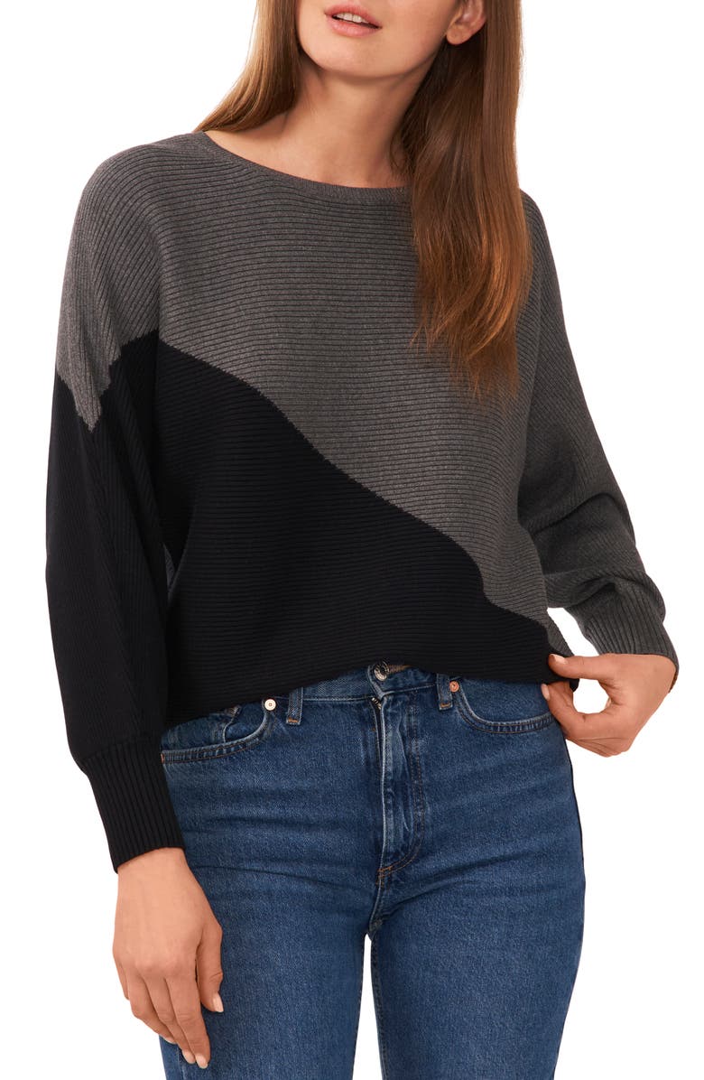 Vince Camuto Asymmetric Colorblock Cotton Blend Sweater, Main, color, Medium Heather Grey
