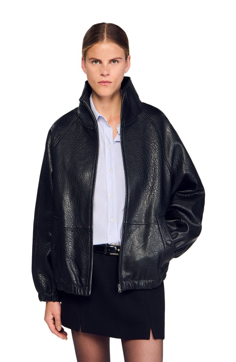 SANDRO Oversized leather jacket, Alternate, color, Black